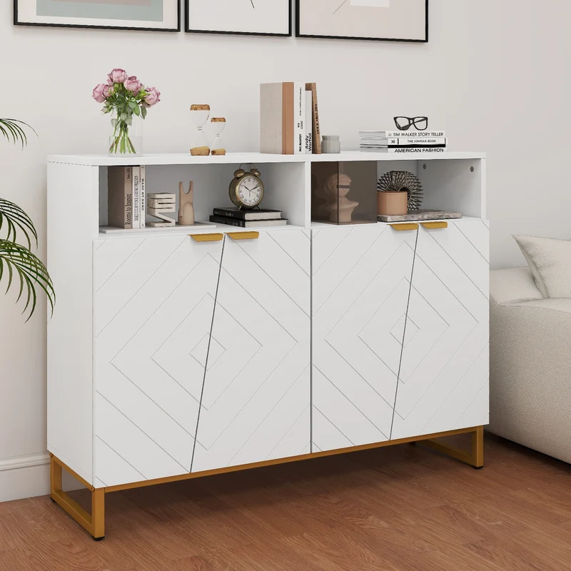Modern Sideboard Cabinet, 4 Doors, Adjustable Shelves, White