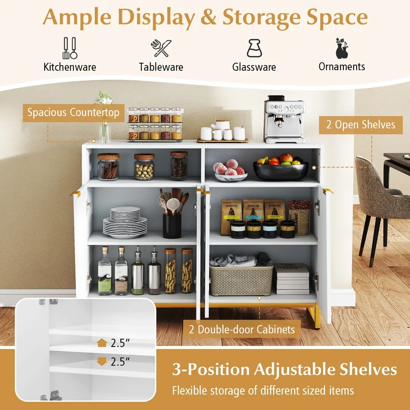 Modern Sideboard Cabinet, 4 Doors, Adjustable Shelves, White