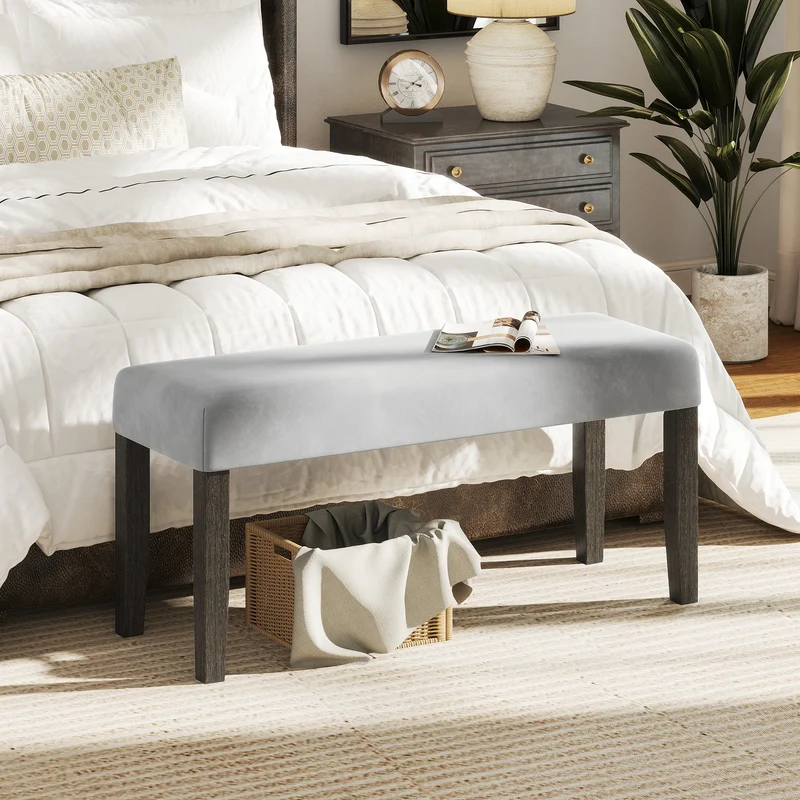End Of Bed Bench, Padded Seat, Solid Wood Legs, Gray