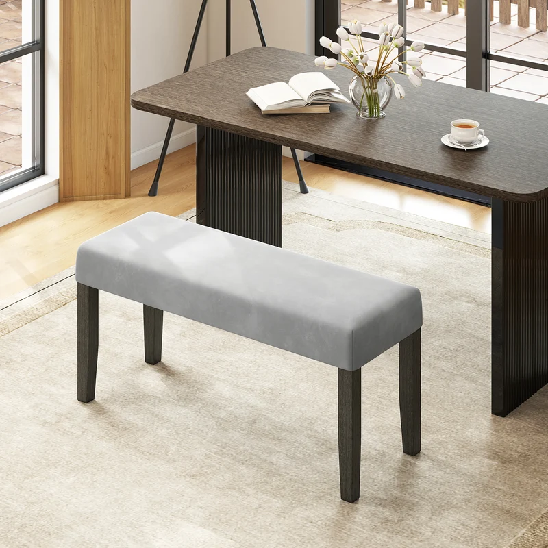 End Of Bed Bench, Padded Seat, Solid Wood Legs, Gray