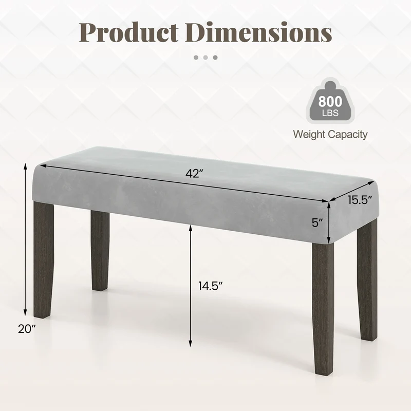 End Of Bed Bench, Padded Seat, Solid Wood Legs, Gray