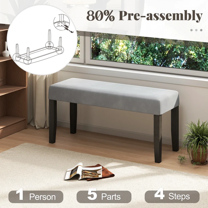 End Of Bed Bench, Padded Seat, Solid Wood Legs, Gray