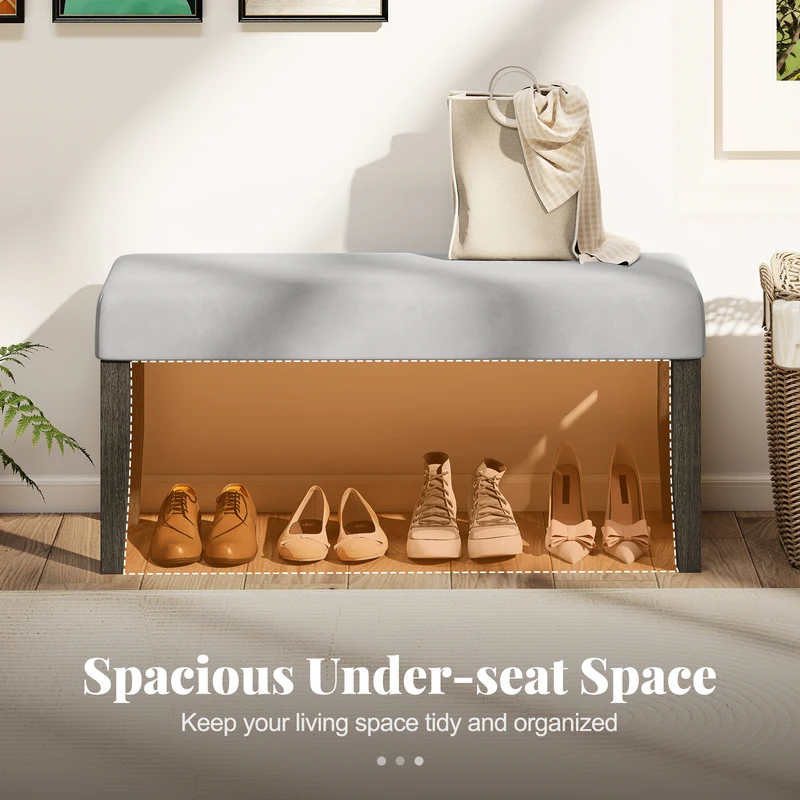 End Of Bed Bench, Padded Seat, Solid Wood Legs, Gray