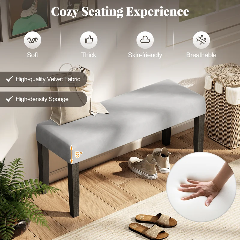 End Of Bed Bench, Padded Seat, Solid Wood Legs, Gray