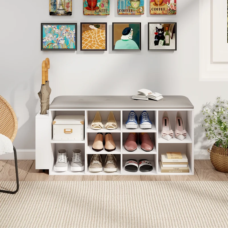 Shoe Storage Bench, Umbrella Stand, Adjustable Shelf, White