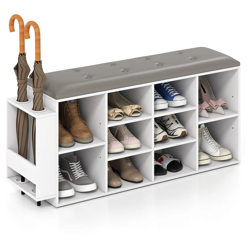 Shoe Storage Bench, Umbrella Stand, Adjustable Shelf, White