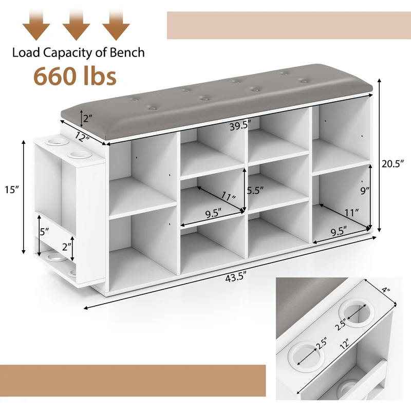 Shoe Storage Bench, Umbrella Stand, Adjustable Shelf, White