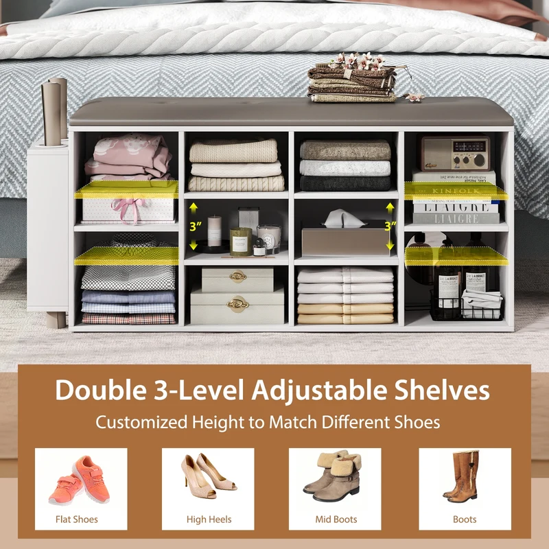 Shoe Storage Bench, Umbrella Stand, Adjustable Shelf, White