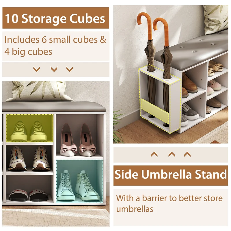 Shoe Storage Bench, Umbrella Stand, Adjustable Shelf, White
