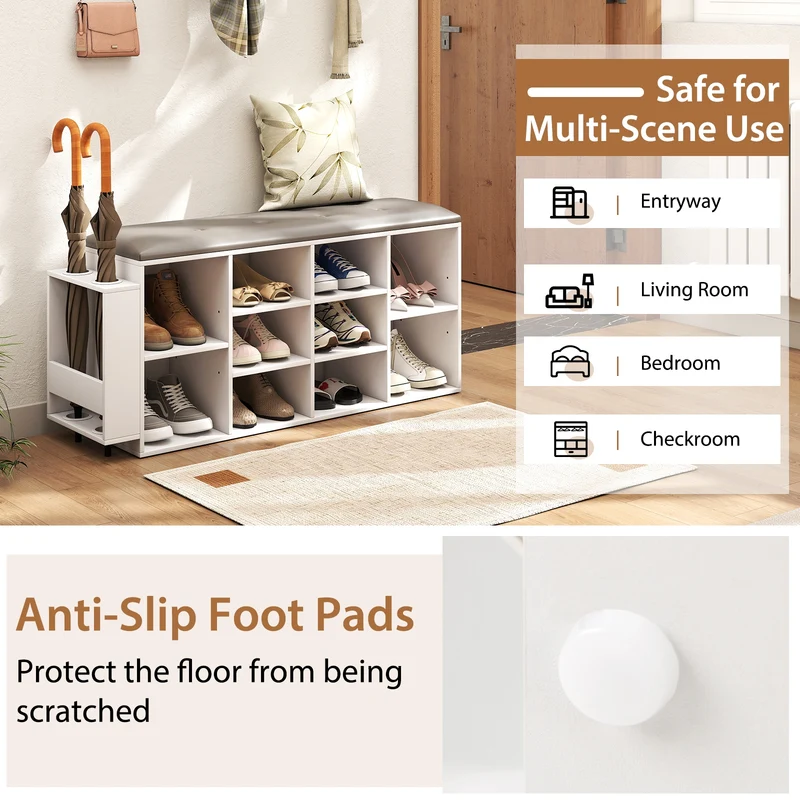 Shoe Storage Bench, Umbrella Stand, Adjustable Shelf, White