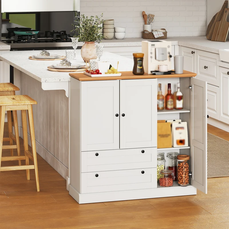 47.5 Inch Freestanding Kitchen Cabinet, 3 Doors, 2 Large Drawers, White
