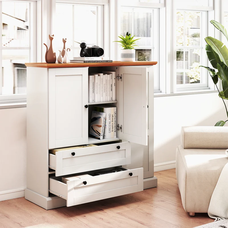 47.5 Inch Freestanding Kitchen Cabinet, 3 Doors, 2 Large Drawers, White