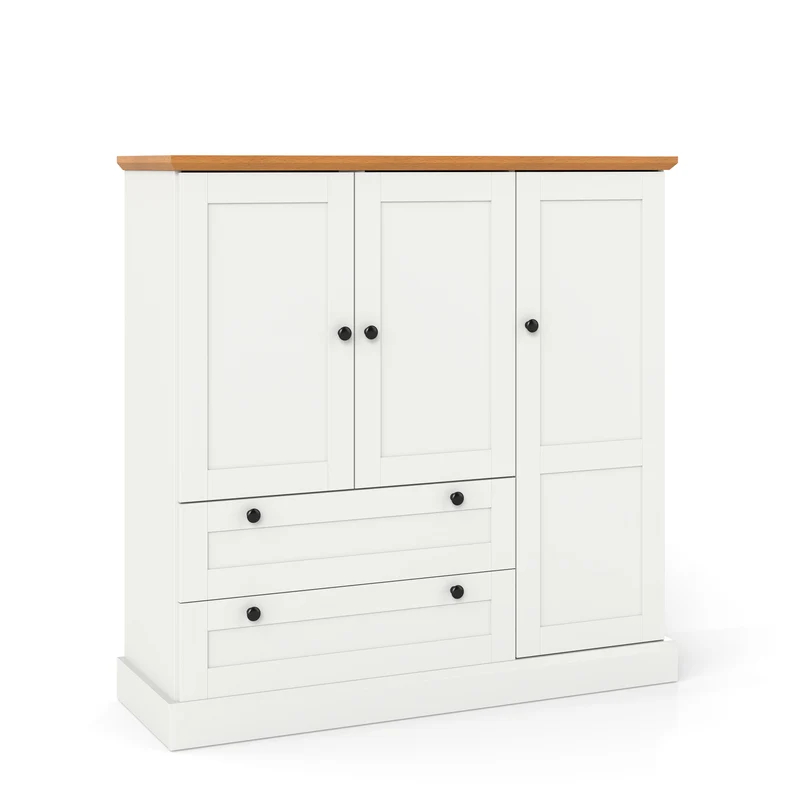 47.5 Inch Freestanding Kitchen Cabinet, 3 Doors, 2 Large Drawers, White