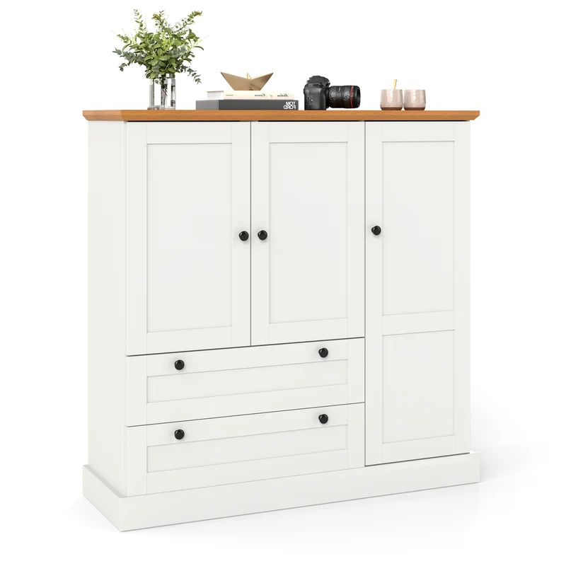 47.5 Inch Freestanding Kitchen Cabinet, 3 Doors, 2 Large Drawers, White