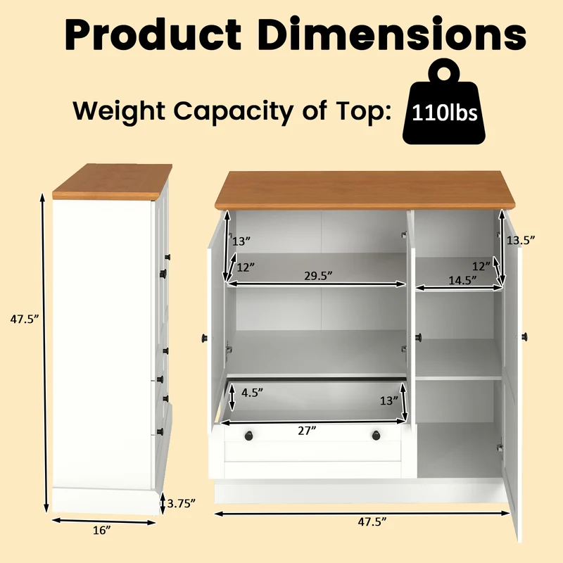 47.5 Inch Freestanding Kitchen Cabinet, 3 Doors, 2 Large Drawers, White