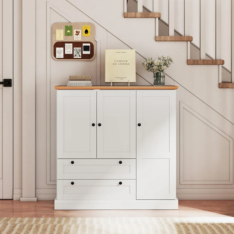 47.5 Inch Freestanding Kitchen Cabinet, 3 Doors, 2 Large Drawers, White