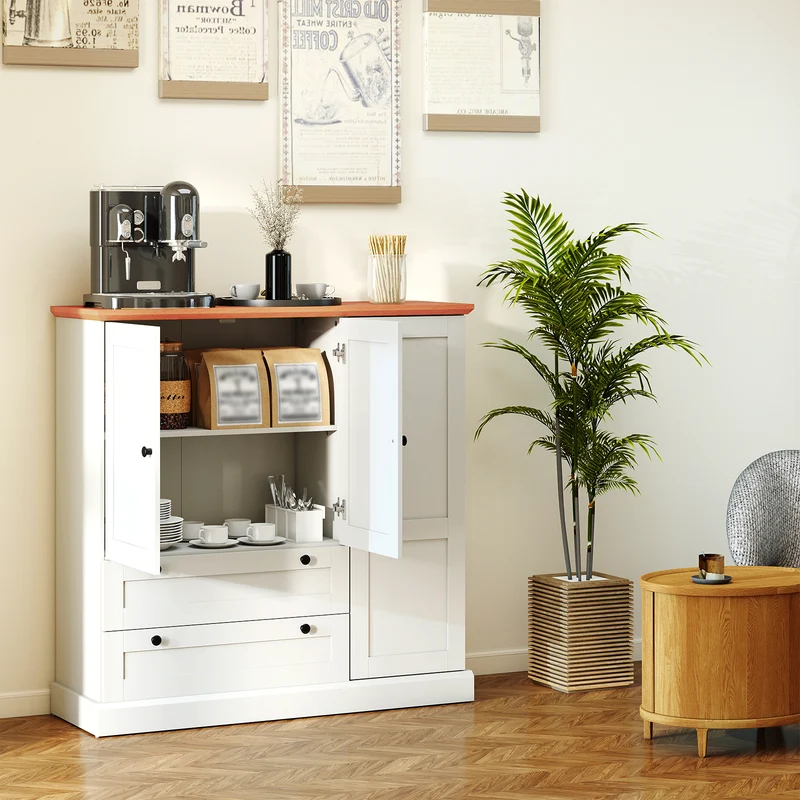47.5 Inch Freestanding Kitchen Cabinet, 3 Doors, 2 Large Drawers, White