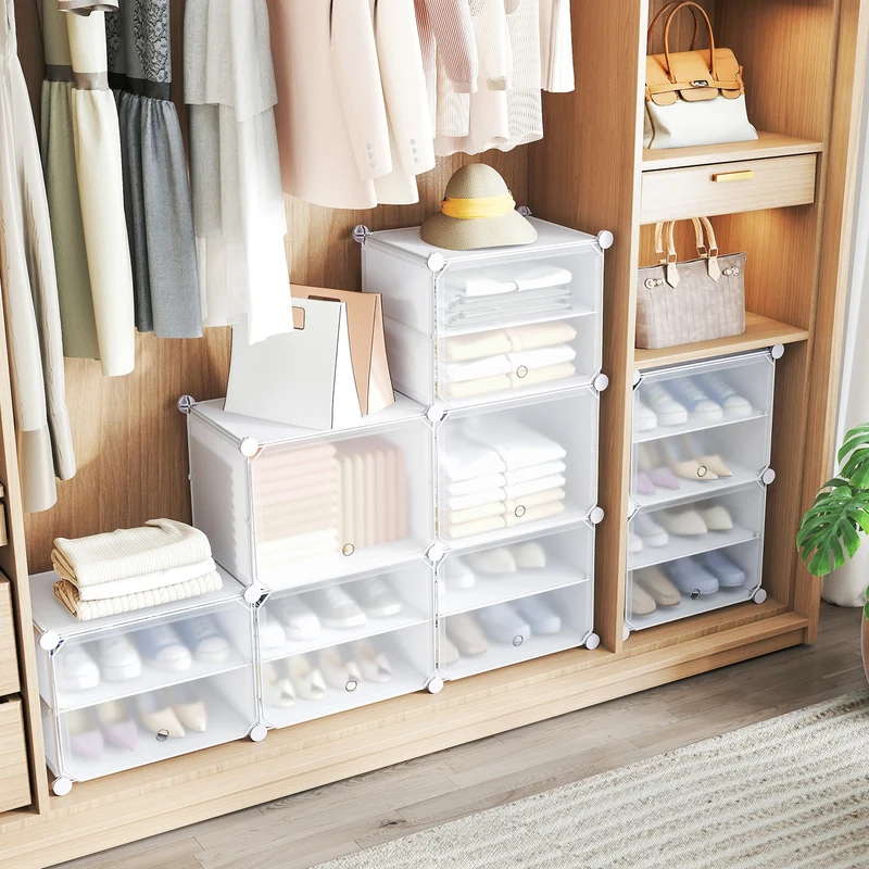 12-Cube 48 Pairs Portable Shoe Shelves with Hook, White