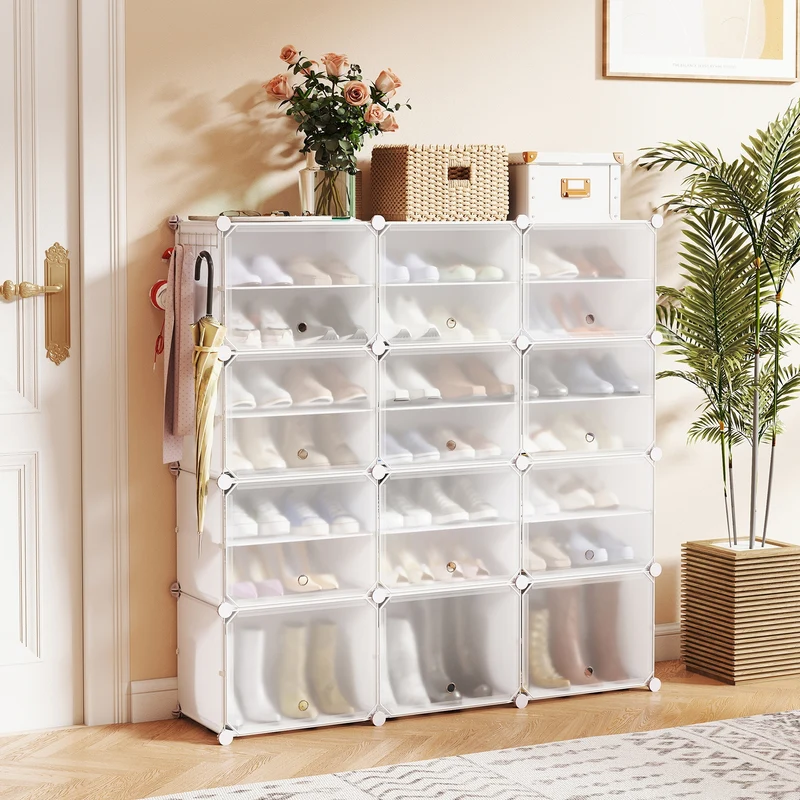 12-Cube 48 Pairs Portable Shoe Shelves with Hook, White