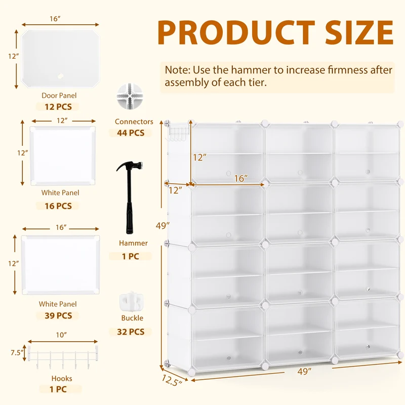 12-Cube 48 Pairs Portable Shoe Shelves with Hook, White