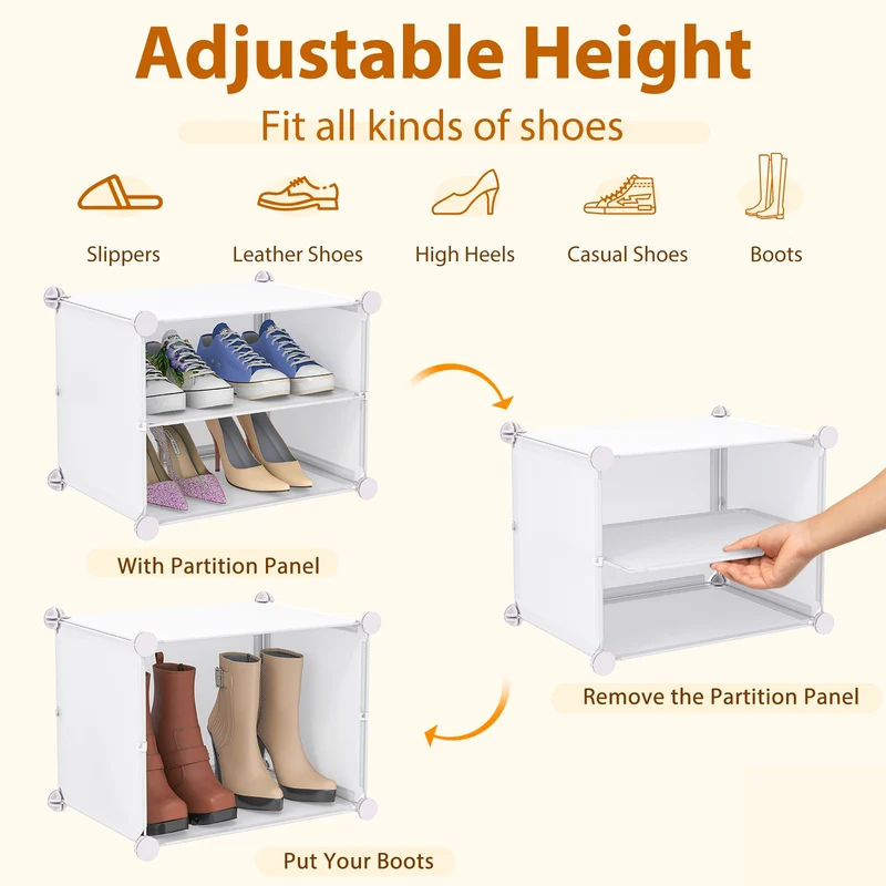 12-Cube 48 Pairs Portable Shoe Shelves with Hook, White