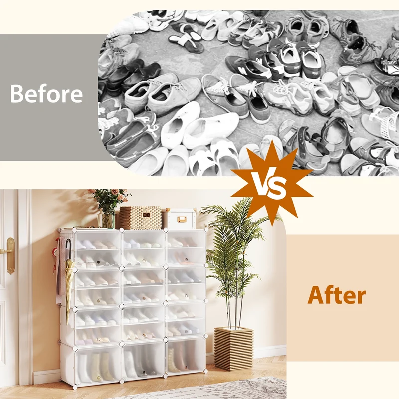 12-Cube 48 Pairs Portable Shoe Shelves with Hook, White