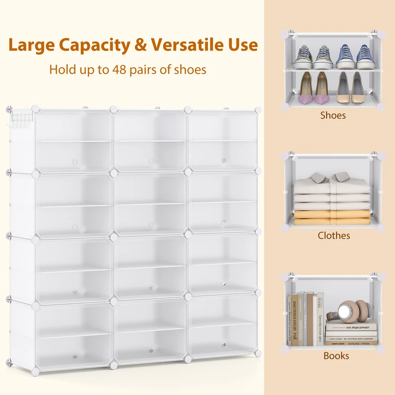 12-Cube 48 Pairs Portable Shoe Shelves with Hook, White