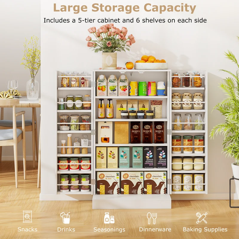 41 Inch Pantry Cabinet, Kitchen Storage Cabinet With Doors And Shelves, White