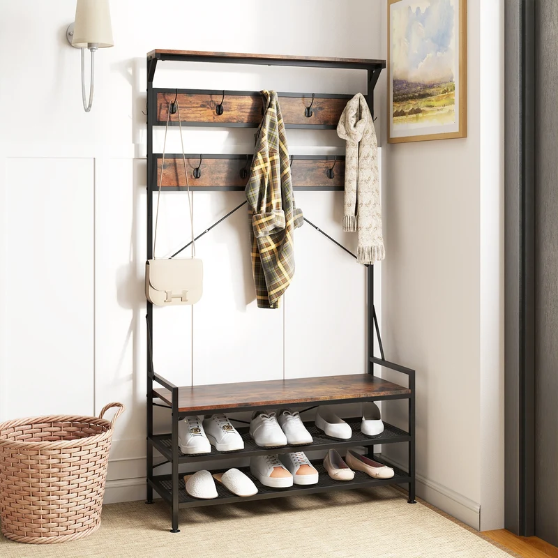Coat Rack Hall Tree, 11 Hooks Shoe Bench, Rustic Brown