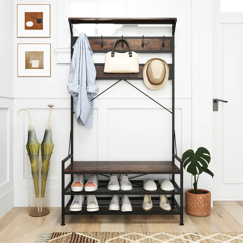 Coat Rack Hall Tree, 11 Hooks Shoe Bench, Rustic Brown