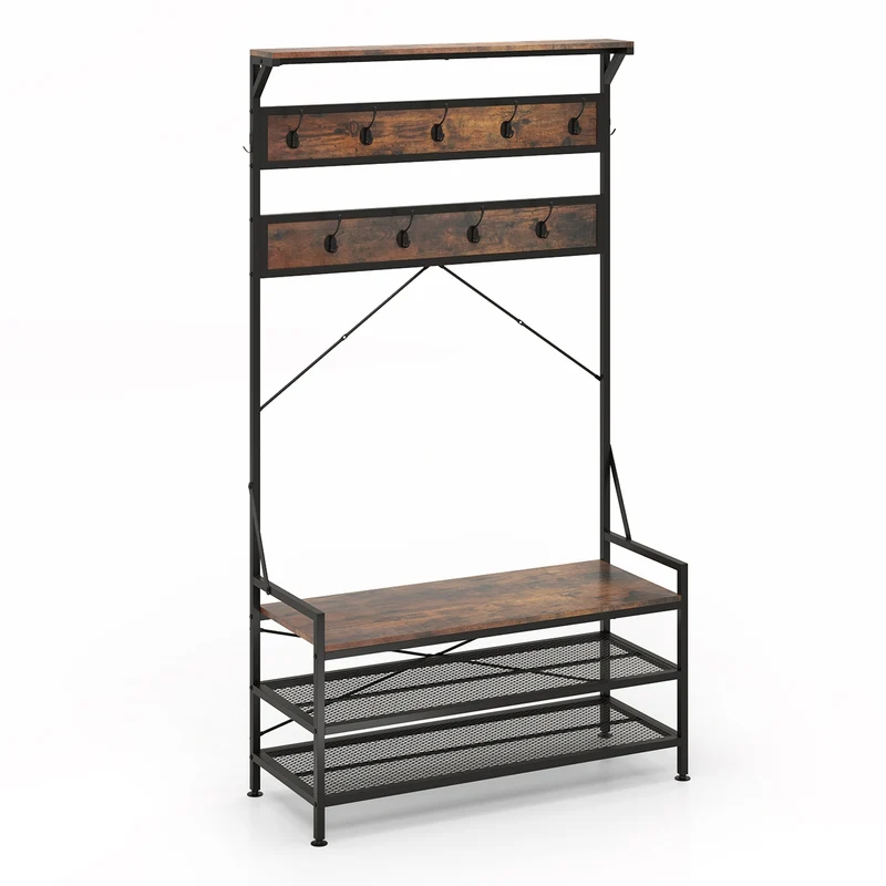 Coat Rack Hall Tree, 11 Hooks Shoe Bench, Rustic Brown