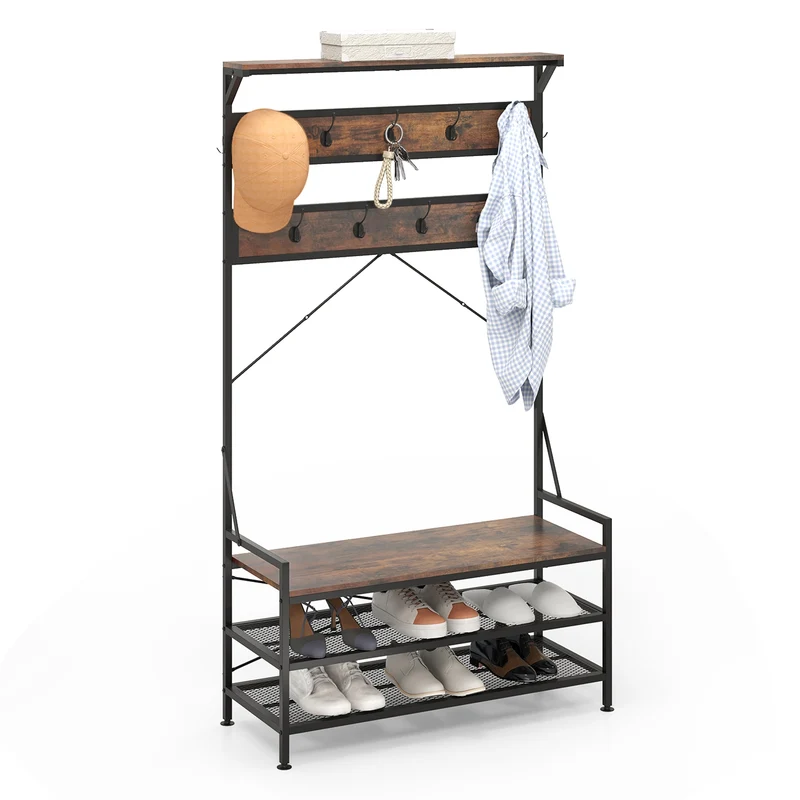 Coat Rack Hall Tree, 11 Hooks Shoe Bench, Rustic Brown