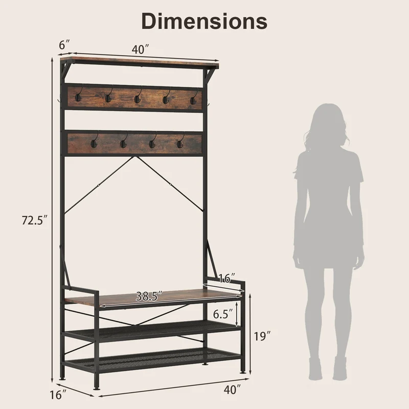 Coat Rack Hall Tree, 11 Hooks Shoe Bench, Rustic Brown