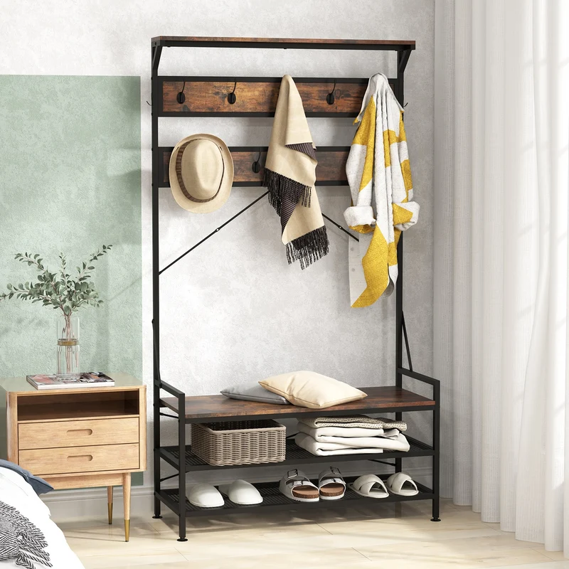 Coat Rack Hall Tree, 11 Hooks Shoe Bench, Rustic Brown