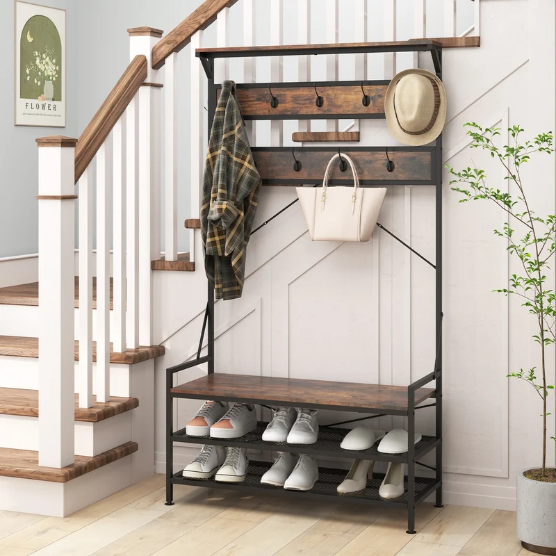 Coat Rack Hall Tree, 11 Hooks Shoe Bench, Rustic Brown