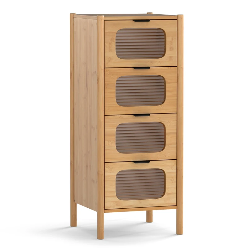 4-Drawer Dresser, Bamboo Storage Cabinet, Fluted Tempered Glass Drawers, Natural