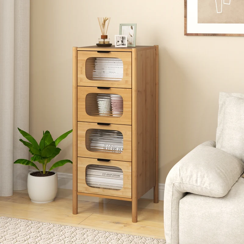 4-Drawer Dresser, Bamboo Storage Cabinet, Fluted Tempered Glass Drawers, Natural
