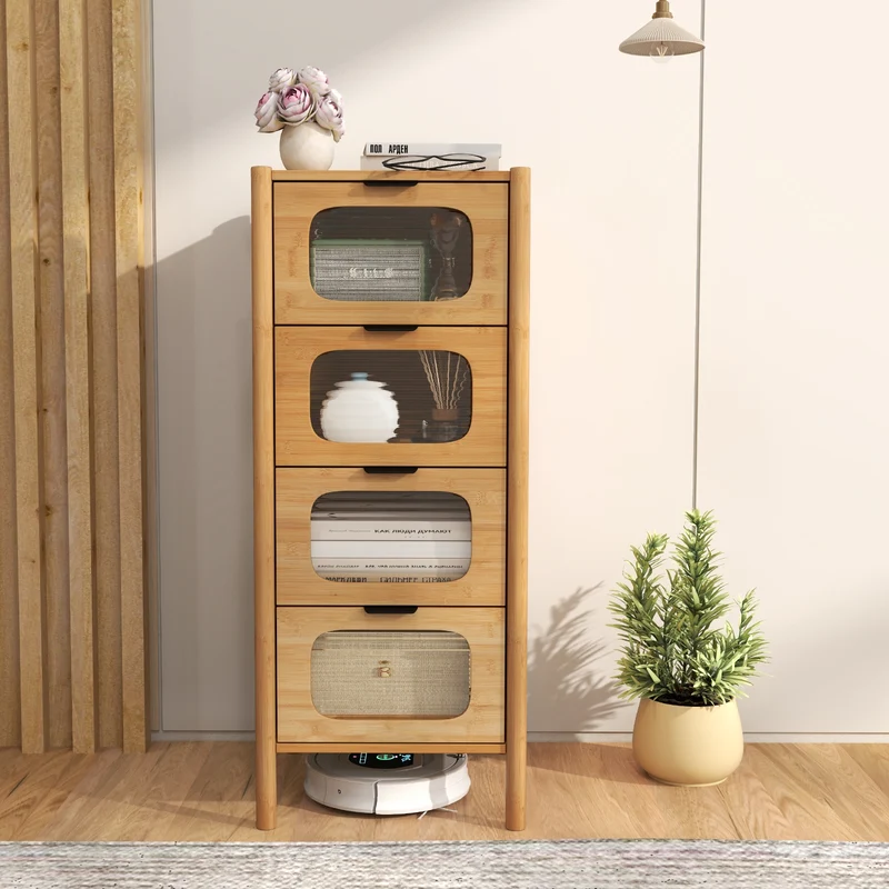 4-Drawer Dresser, Bamboo Storage Cabinet, Fluted Tempered Glass Drawers, Natural