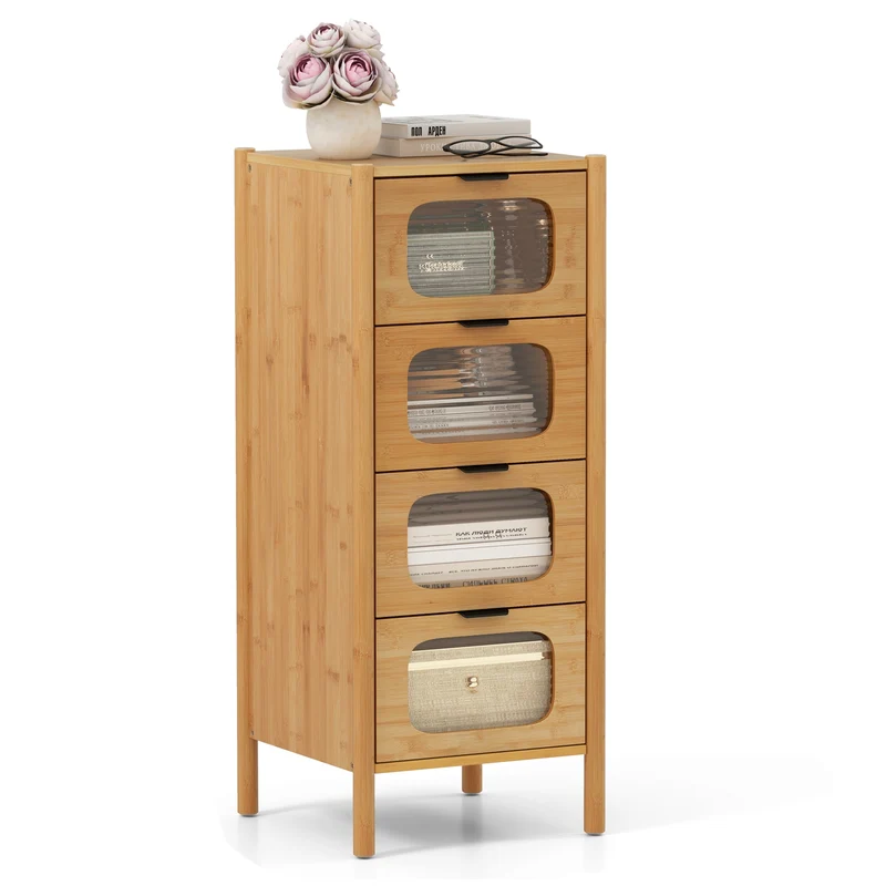 4-Drawer Dresser, Bamboo Storage Cabinet, Fluted Tempered Glass Drawers, Natural