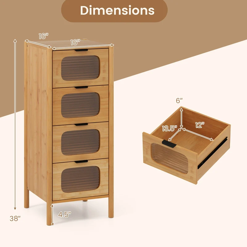4-Drawer Dresser, Bamboo Storage Cabinet, Fluted Tempered Glass Drawers, Natural