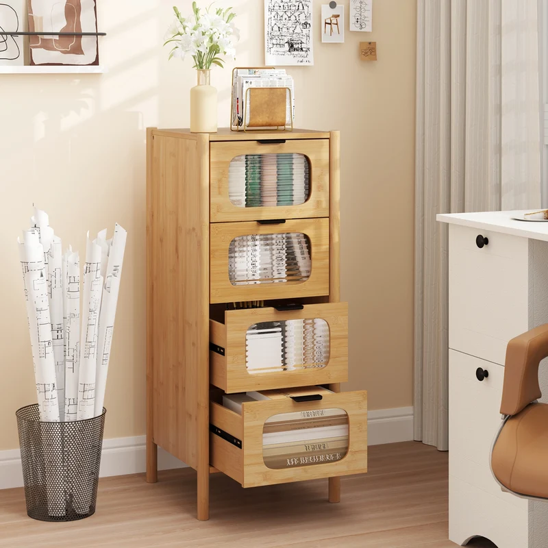 4-Drawer Dresser, Bamboo Storage Cabinet, Fluted Tempered Glass Drawers, Natural