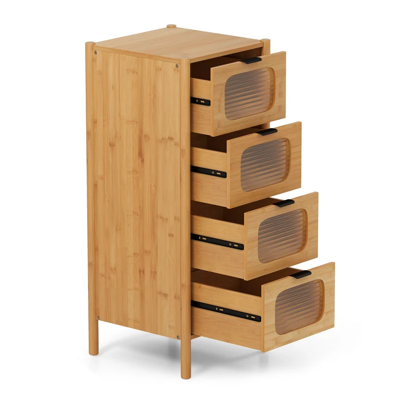 4-Drawer Dresser, Bamboo Storage Cabinet, Fluted Tempered Glass Drawers, Natural