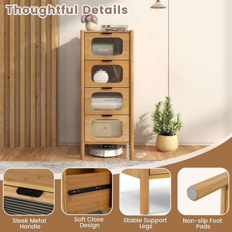 4-Drawer Dresser, Bamboo Storage Cabinet, Fluted Tempered Glass Drawers, Natural