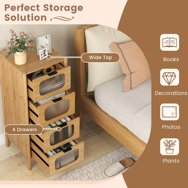 4-Drawer Dresser, Bamboo Storage Cabinet, Fluted Tempered Glass Drawers, Natural