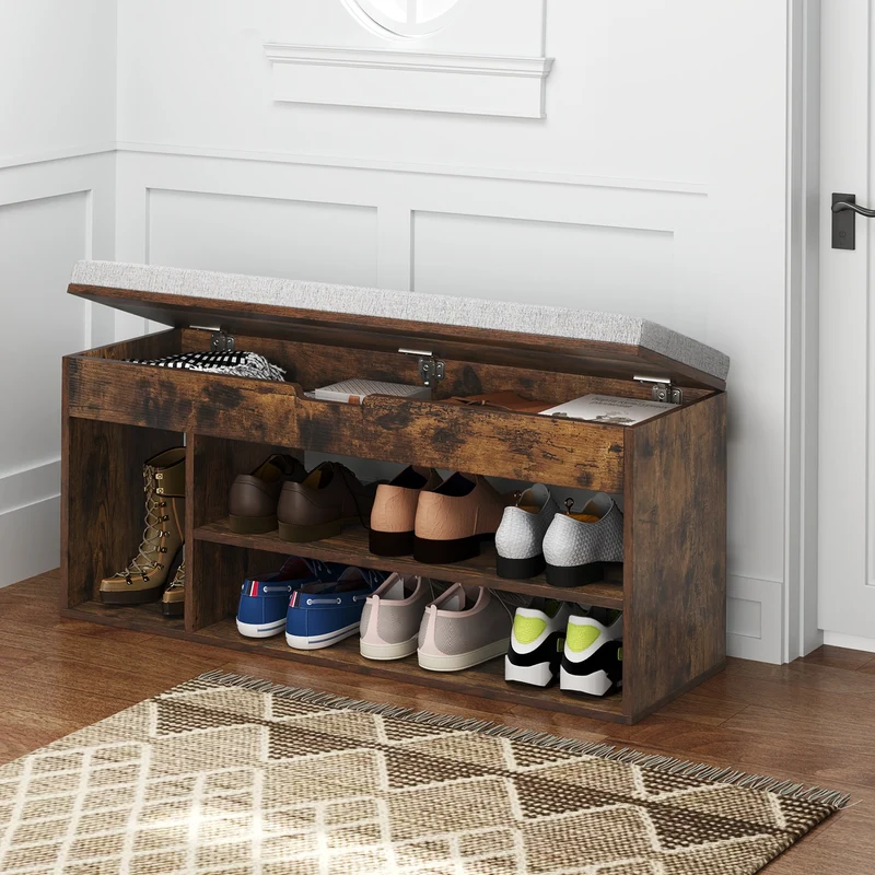 Padded Shoe Bench With Hidden Storage, 3 Open Shelves, Coffee