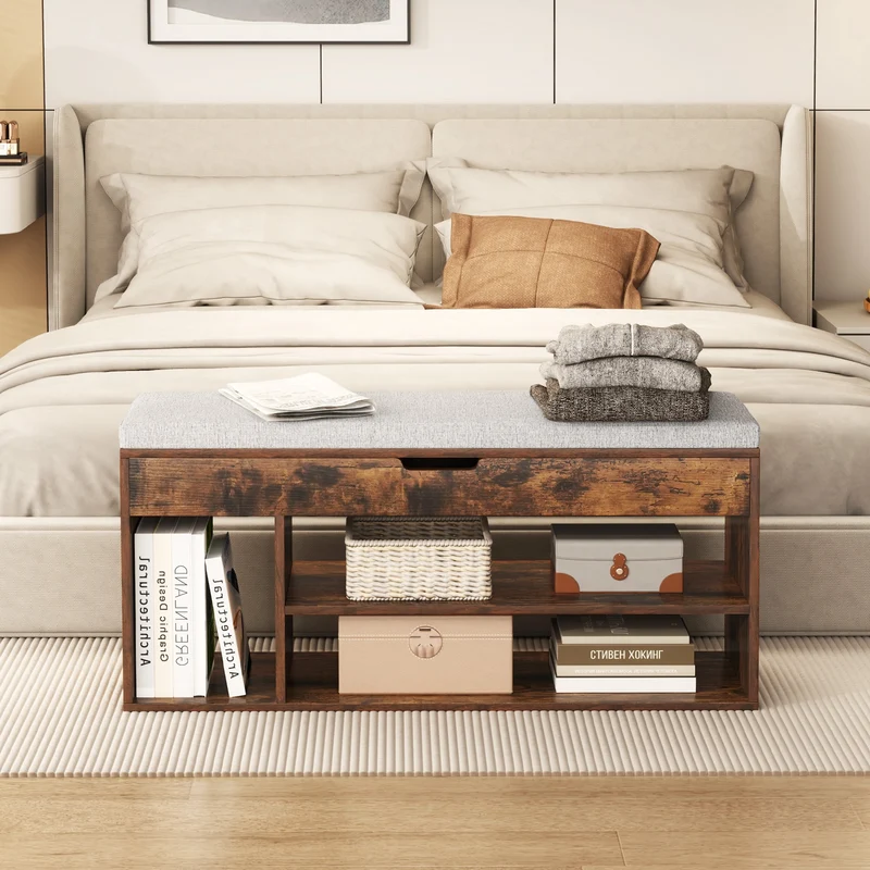 Padded Shoe Bench With Hidden Storage, 3 Open Shelves, Coffee