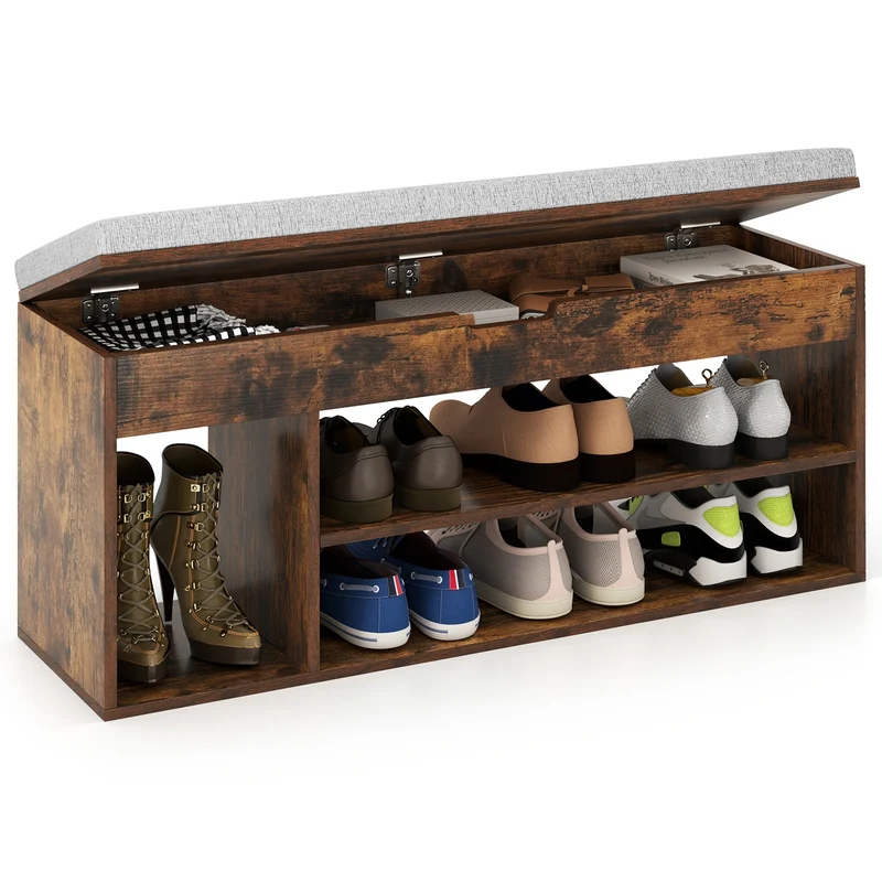 Padded Shoe Bench With Hidden Storage, 3 Open Shelves, Coffee