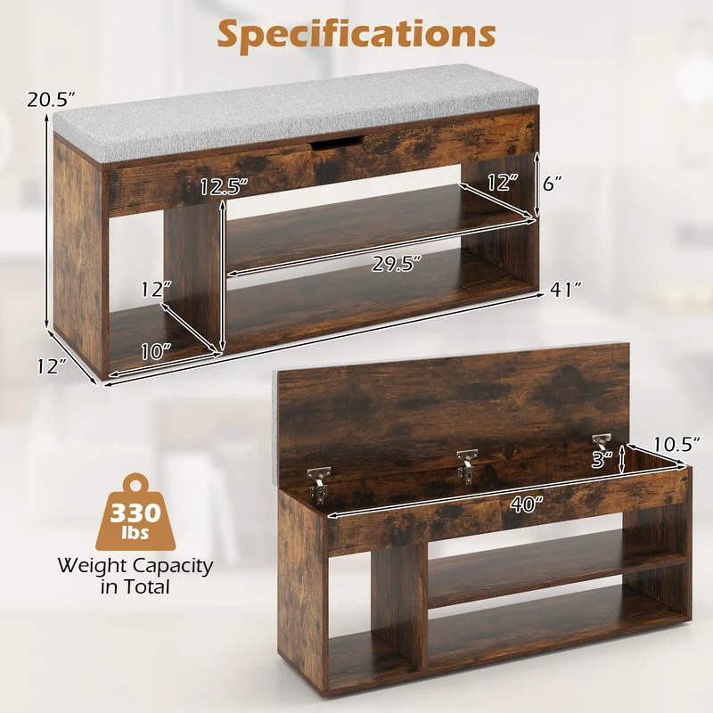 Padded Shoe Bench With Hidden Storage, 3 Open Shelves, Coffee