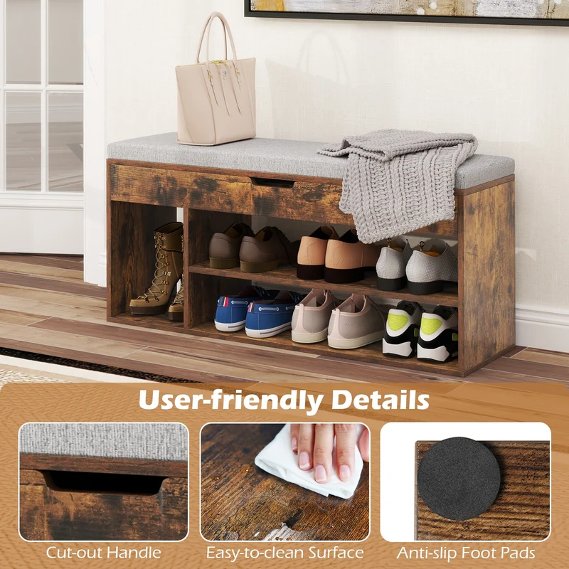 Padded Shoe Bench With Hidden Storage, 3 Open Shelves, Coffee