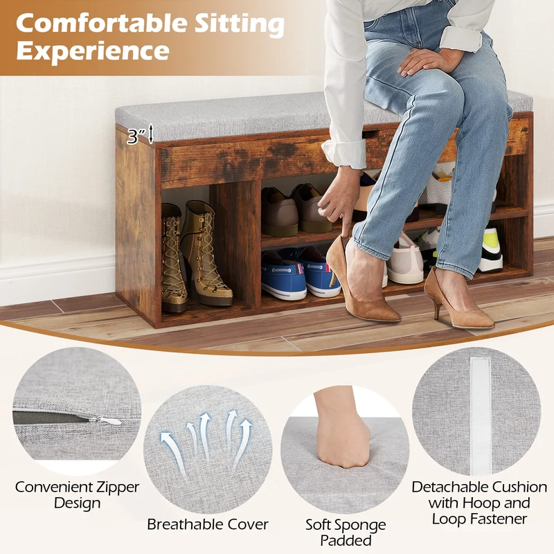 Padded Shoe Bench With Hidden Storage, 3 Open Shelves, Coffee